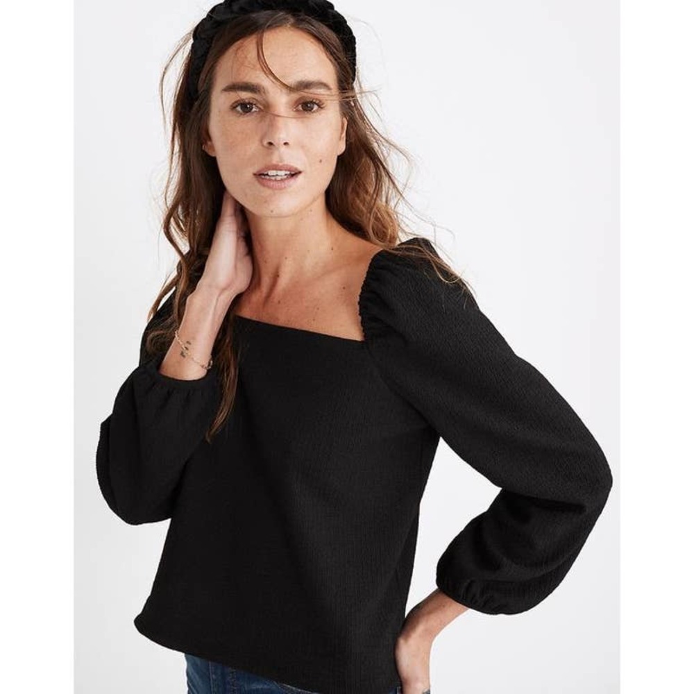 Madewell Crepe Square Neck Puff Sleeve Top Blouse Black Size XL